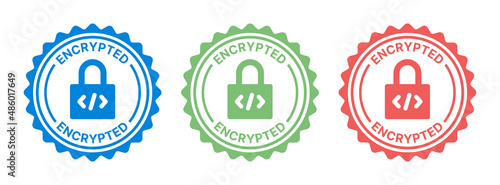 Encrypted seal stamp icon. Secure system symbol on badge vector illustration.
