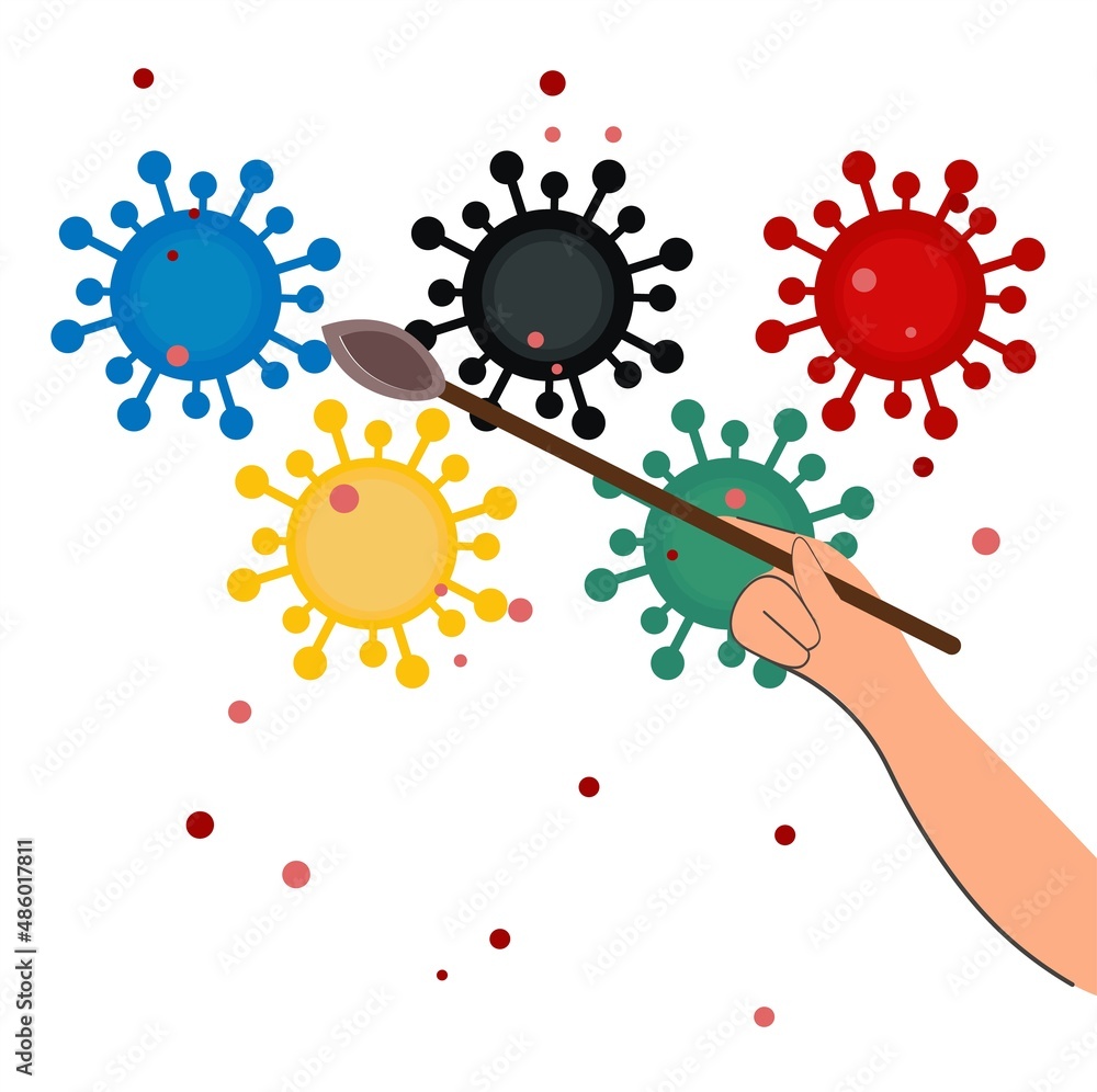 Children's, female hand draws viruses on canvas. Vector drawing of modern reality, the spread of viruses and bacteria. The concept of the danger of infection. Flat isolated illustration.