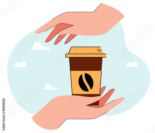 Human hands holding one hot coffee paper cup. Takeaway funny drink for walking people flat vector illustration. Street cafe, trendy beverage concept for banner, website design or landing web page