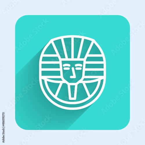 White line Egyptian pharaoh icon isolated with long shadow background. Green square button. Vector