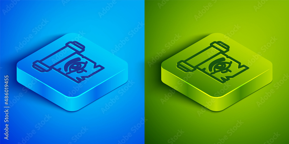 Isometric line Eye of Horus on papyrus scroll icon isolated on blue and green background. Parchment paper. Ancient Egypt symbol. Square button. Vector