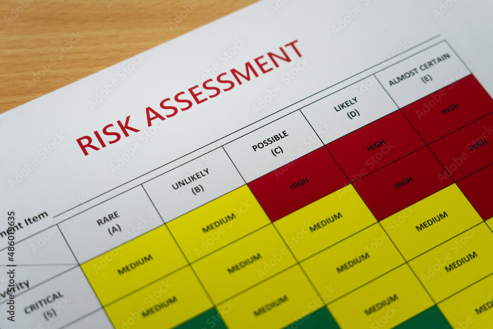 Risk assessment matrix table paperwork with severity level color for ...