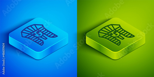 Isometric line Egyptian pharaoh icon isolated on blue and green background. Square button. Vector