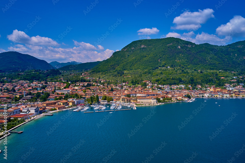 Panorama Salò, Italy aerial view. Aerial panorama of the historic part of Salò on Lake Garda. Aerial view of the town on Lake Garda. Panoramic view of the historic part of Salò on Lake Garda Italy.