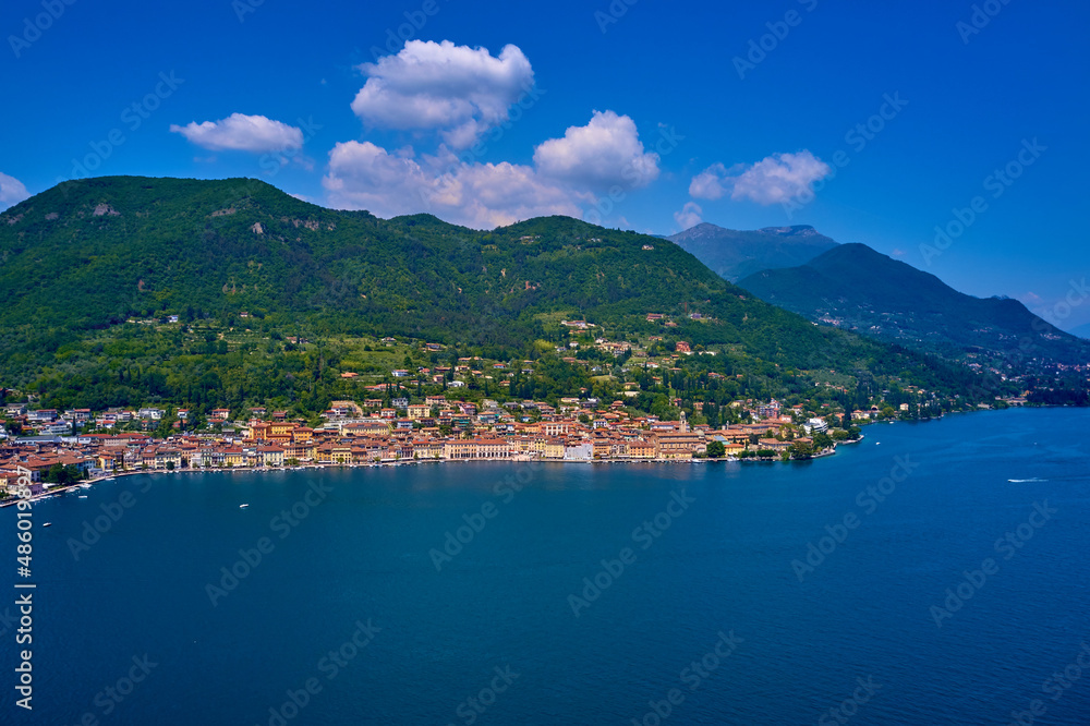 Panorama Salò, Italy aerial view. Aerial panorama of the historic part of Salò on Lake Garda. Panoramic view of the historic part of Salò on Lake Garda Italy. Aerial view of the town on Lake Garda.