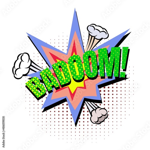 Badoom comic explosion bubble in popart vintage style. Cartoon style vector. Vector comic funny explosion. Wow effect.