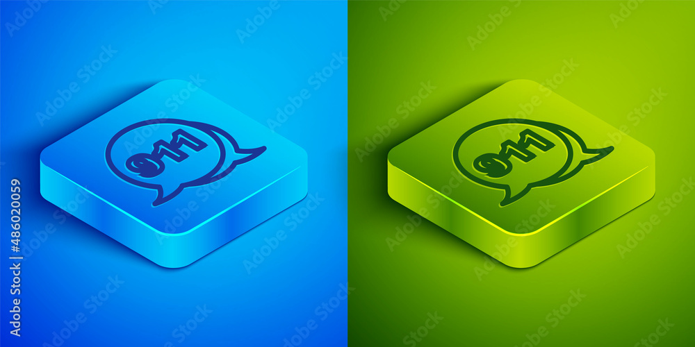 Isometric line Telephone with emergency call 911 icon isolated on blue and green background. Police, ambulance, fire department, call, phone. Square button. Vector Isometric line Telephone with emergency call 911 icon isolated on blue and green background. Police, ambulance, fire department, call, phone. Square button. Vector