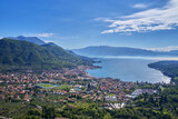 Panoramic view of the historic part of Salò on Lake Garda Italy. Lake in the mountains of Italy. Aerial view of the town on Lake Garda. Tourist site on Lake Garda.