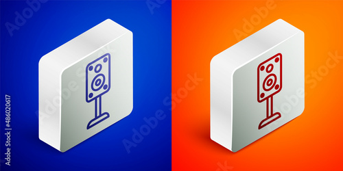 Isometric line Stereo speaker icon isolated on blue and orange background. Sound system speakers. Music icon. Musical column speaker bass equipment. Silver square button. Vector