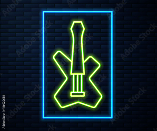Glowing neon line Electric bass guitar icon isolated on brick wall background. Vector