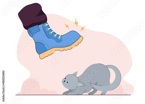Aggressive kick to poor cat from giant foot in boot. Cruel angry man trampling scared homeless kitty flat vector illustration. Cruelty to animals concept for banner, website design or landing web page
