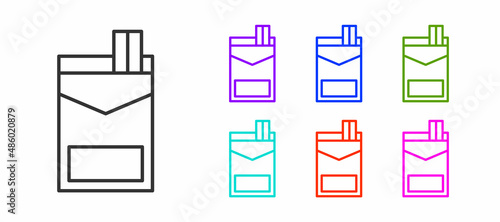 Black line Cigarettes pack box icon isolated on white background. Cigarettes pack. Set icons colorful. Vector