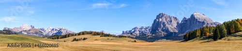 Hyper panorama of Seiser Alm mountain plateau with Langkofel Group mountains. South Tyrol, Italy (Autumn period)