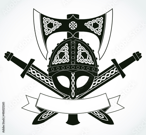viking heraldry symbol with helmet swords and axe