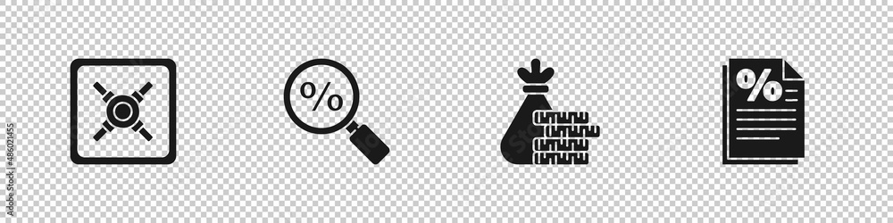 Set Safe, Magnifying glass with percent, Money bag and coin and Finance document icon. Vector Set Safe, Magnifying glass with percent, Money bag and coin and Finance document icon. Vector