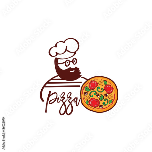 Chief cook in cap symbol or logo for pizzeria, restaurant.  Food concept, hand drawn elements. Vector.