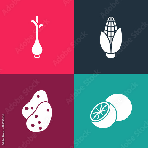 Set pop art Orange fruit, Potato, Corn and Fresh green onions icon. Vector