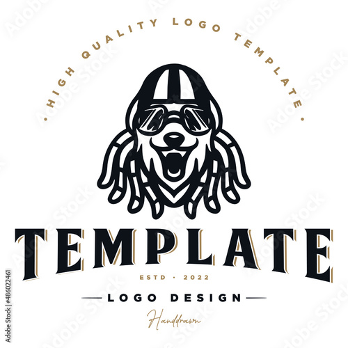 dog inspiration logo.dog with hat and glasses with dreadlocks hair vector logo.
