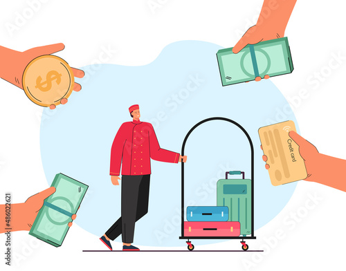 Hands of tourists giving money to bellboy in hotel uniform. Man pushing trolley with luggage flat vector illustration. Hospitality, service concept for banner, website design or landing web page