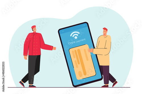 Tiny guest paying to bellman via mobile phone app. Online payment to man in uniform for baggage delivery service flat vector illustration. Hotel concept for banner, website design or landing web page