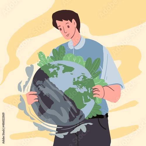 Vector flat cartoon man character hold polluted planet Earth-environmental pollution problem,chemical toxic substances and heavy metals use,environmental protection concept,web site ad banner design