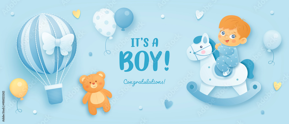Baby shower horizontal banner with cartoon hot air balloon, baby boy, horse, teddy bear and helium balloons on blue background. It's a boy. Vector illustration