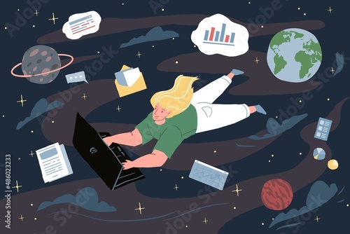 Vector flat cartoon character uses laptop while floating in space with web elements and planets-using internet technology for surfing,search for information content,online work and learning concept