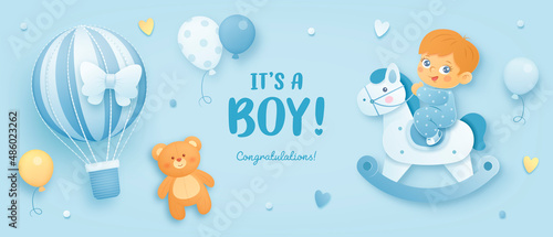 Baby shower horizontal banner with cartoon hot air balloon, baby boy, horse, teddy bear and helium balloons on blue background. It's a boy. Vector illustration
