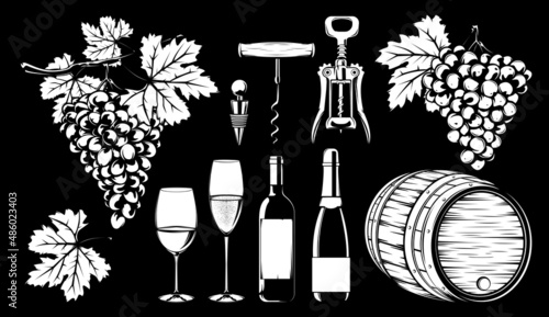 Viticulture vector set. Grapes, wine bottles and glasses, corkscrew, barrel illustration. Vineyard, traditional wine making and tasting. 
