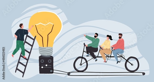 Vector flat cartoon characters,successful startup team rides bicycle to huge light bulb,making it shine-new ideas search,idea creation and birth,success achievement concept,web site ad banner design