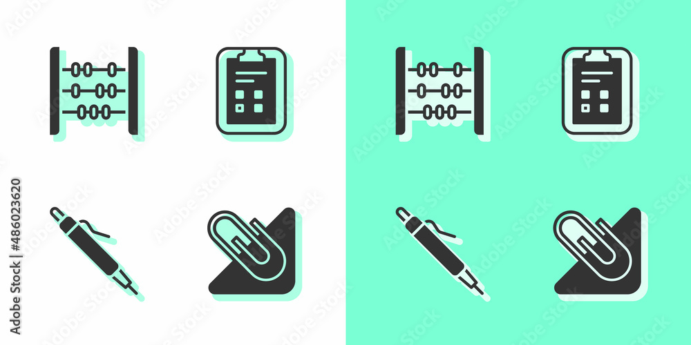 Set Paper clip, Abacus, Pen and Exam sheet with check mark icon. Vector Set Paper clip, Abacus, Pen and Exam sheet with check mark icon. Vector