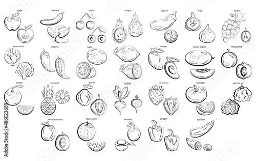 A set of flat icons of fruits and vegetables drawn with black lines.