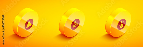 Set Isometric Exclamation mark in triangle, Leaf Eco symbol and Meteorology thermometer icon. Vector