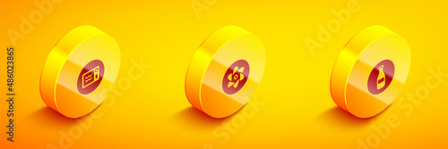 Set Isometric Microwave oven, Test tube and flask and Bottle icon. Vector