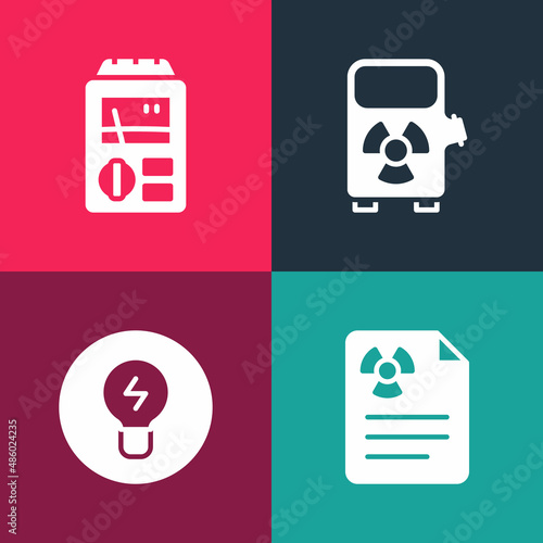 Set pop art Radiation warning document, Light bulb with concept of idea, Electric car charging station and Dosimeter icon. Vector