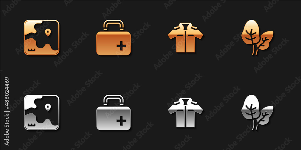 Set Africa safari map, First aid kit, Shirt and Tropical leaves icon. Vector Set Africa safari map, First aid kit, Shirt and Tropical leaves icon. Vector
