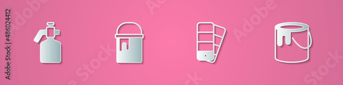 Set paper cut Paint spray gun, bucket, Color palette guide and icon. Paper art style. Vector