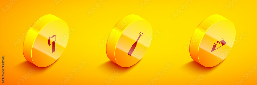 Set Isometric Wooden axe, Paddle and Mountains icon. Vector Set Isometric Wooden axe, Paddle and Mountains icon. Vector