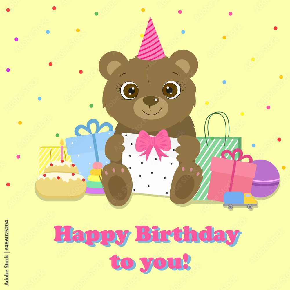 Obraz premium Birthday card. Cute bear with prezent and toys. Vector.