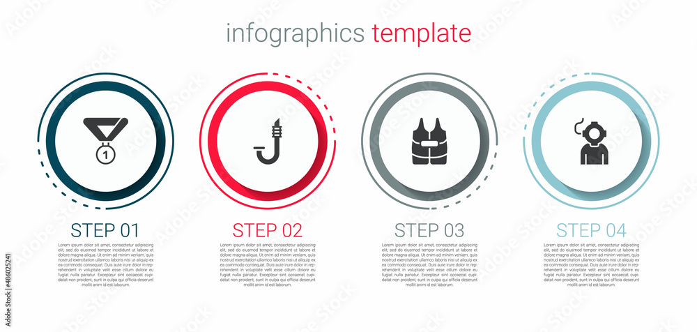 Set Medal, Snorkel, Life jacket and Aqualung. Business infographic template. Vector Set Medal, Snorkel, Life jacket and Aqualung. Business infographic template. Vector