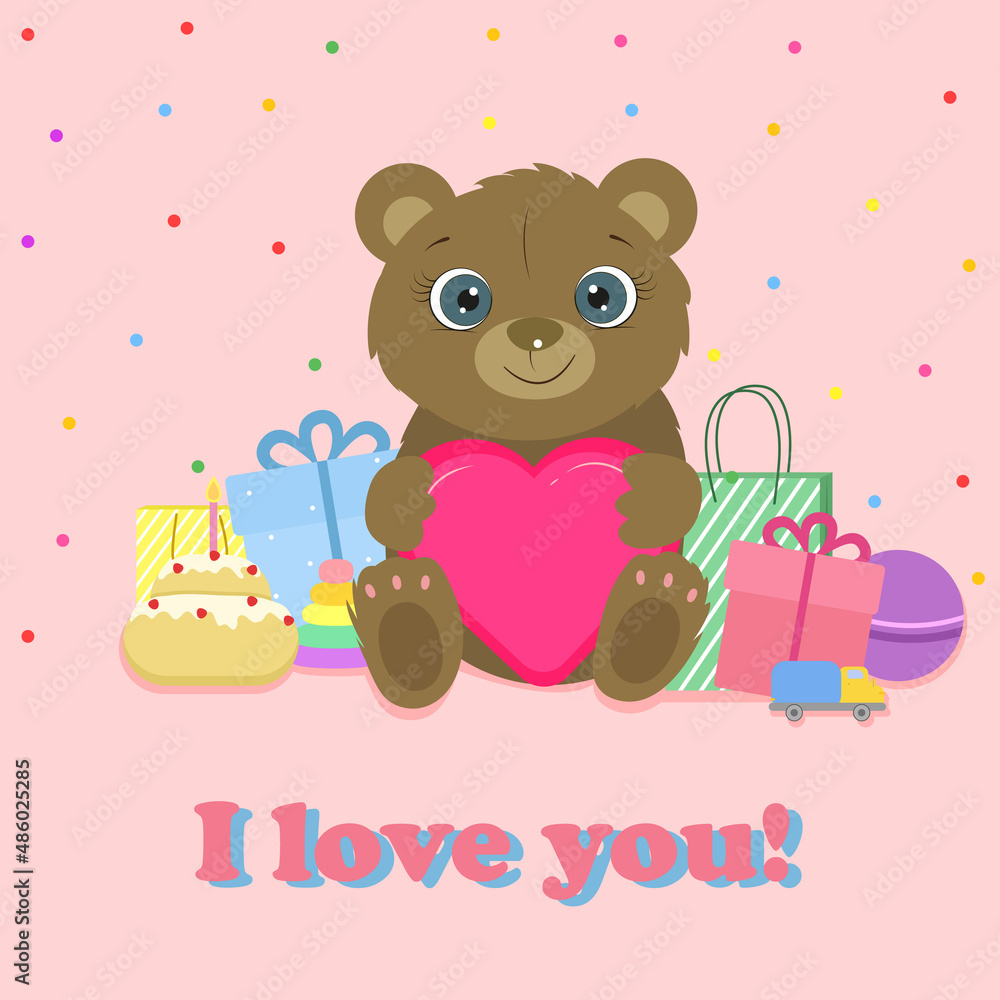 Birthday card. Cute bear with prezent and toys. Vector.