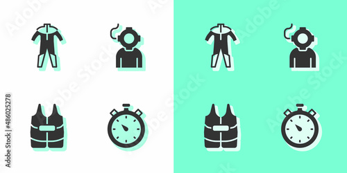 Set Stopwatch, Wetsuit for scuba diving, Life jacket and Aqualung icon. Vector