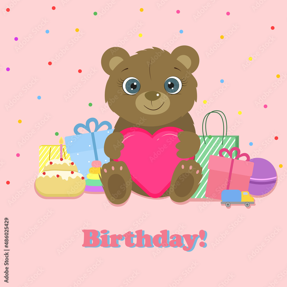 Birthday card. Cute bear with prezent and toys. Vector. Birthday card. Cute bear with prezent and toys. Vector.