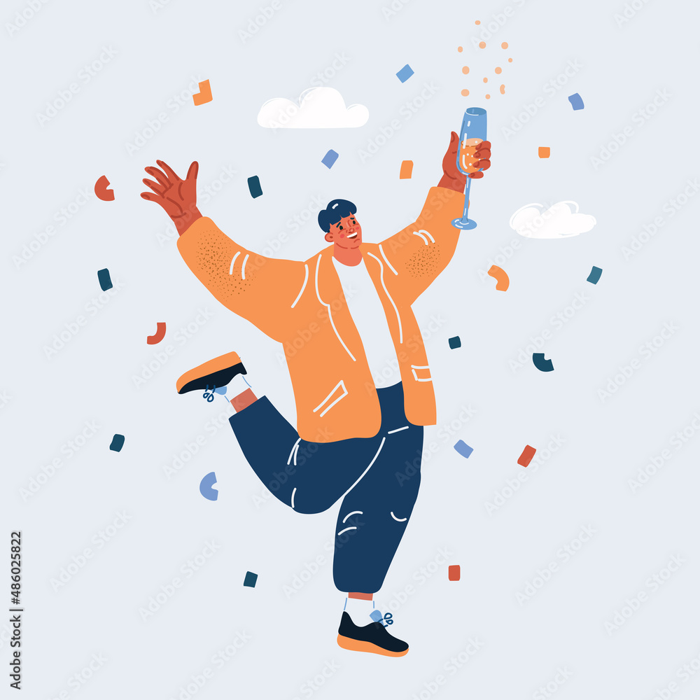 Vector illustration of man toasting with champagne congratulating. Celebration