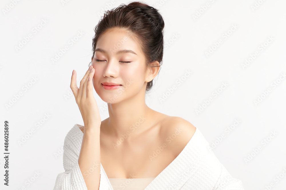 Beautiful young asian woman with clean fresh skin on white background, Face care, Facial treatment, Cosmetology, beauty and spa, Asian women portrait.