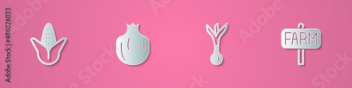 Set paper cut Corn, Pomegranate, Onion and Location farm icon. Paper art style. Vector