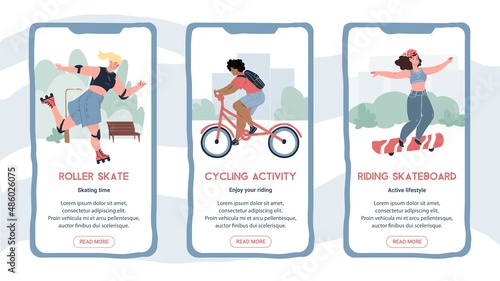 Set of vector flat cartoon characters doing sport on smartphone online app screens-mobile UI kit templates for outdoor summer sports applications,web page design with people scenes and info text