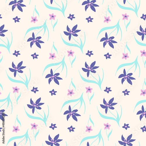 Very peri flower pattern. Flowers in very peri and pink color. Summer seamless background. Hand drawn natural fabric design.