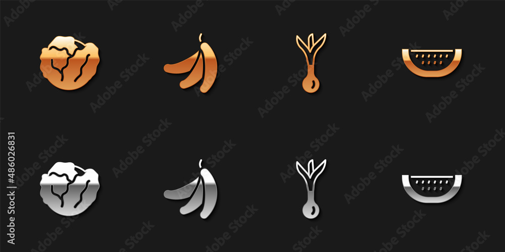 Set Cabbage, Banana, Onion and Watermelon icon. Vector