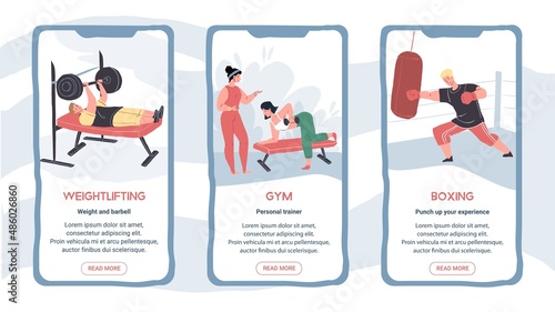 Set of vector flat cartoon characters doing sport on smartphone online app screens-mobile UI kit templates for gym workout sports applications,web page design with people scenes and info text